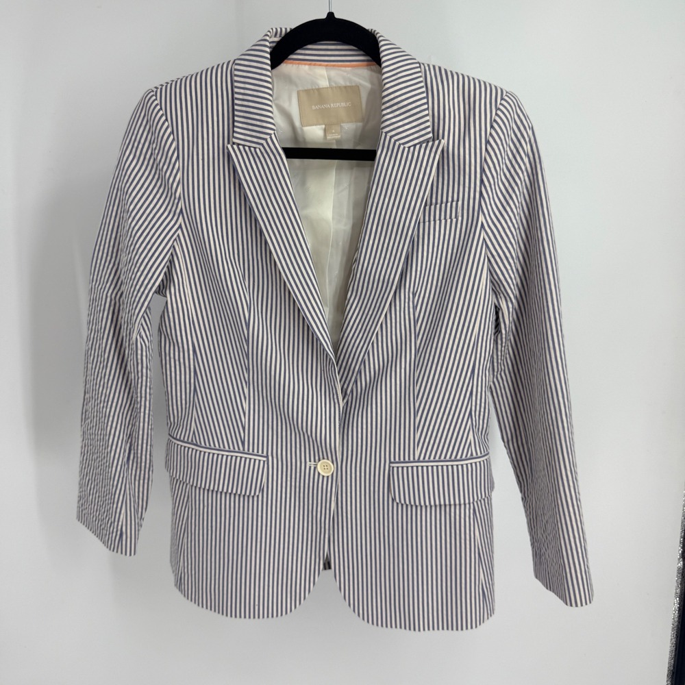 Banana Republic Womens Blue White Striped Cotton Blazer Jacket 4 RN Career